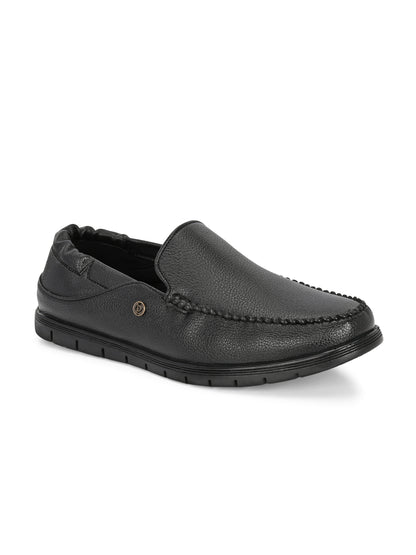 Men’s Premium Textured Leather Comfort Loafers | Elastic-Back Slip-On Moccasins in Jet Black for All-Day Wear