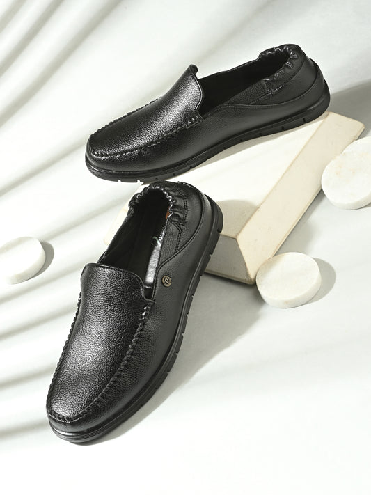Men’s Premium Textured Leather Comfort Loafers | Elastic-Back Slip-On Moccasins in Jet Black for All-Day Wear