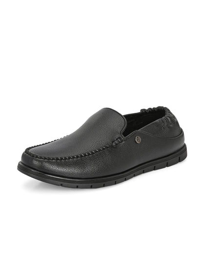 Men’s Premium Textured Leather Comfort Loafers | Elastic-Back Slip-On Moccasins in Jet Black for All-Day Wear