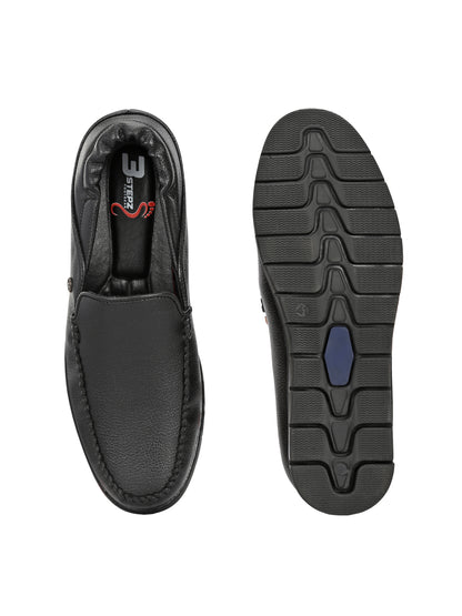 Men’s Premium Textured Leather Comfort Loafers | Elastic-Back Slip-On Moccasins in Jet Black for All-Day Wear