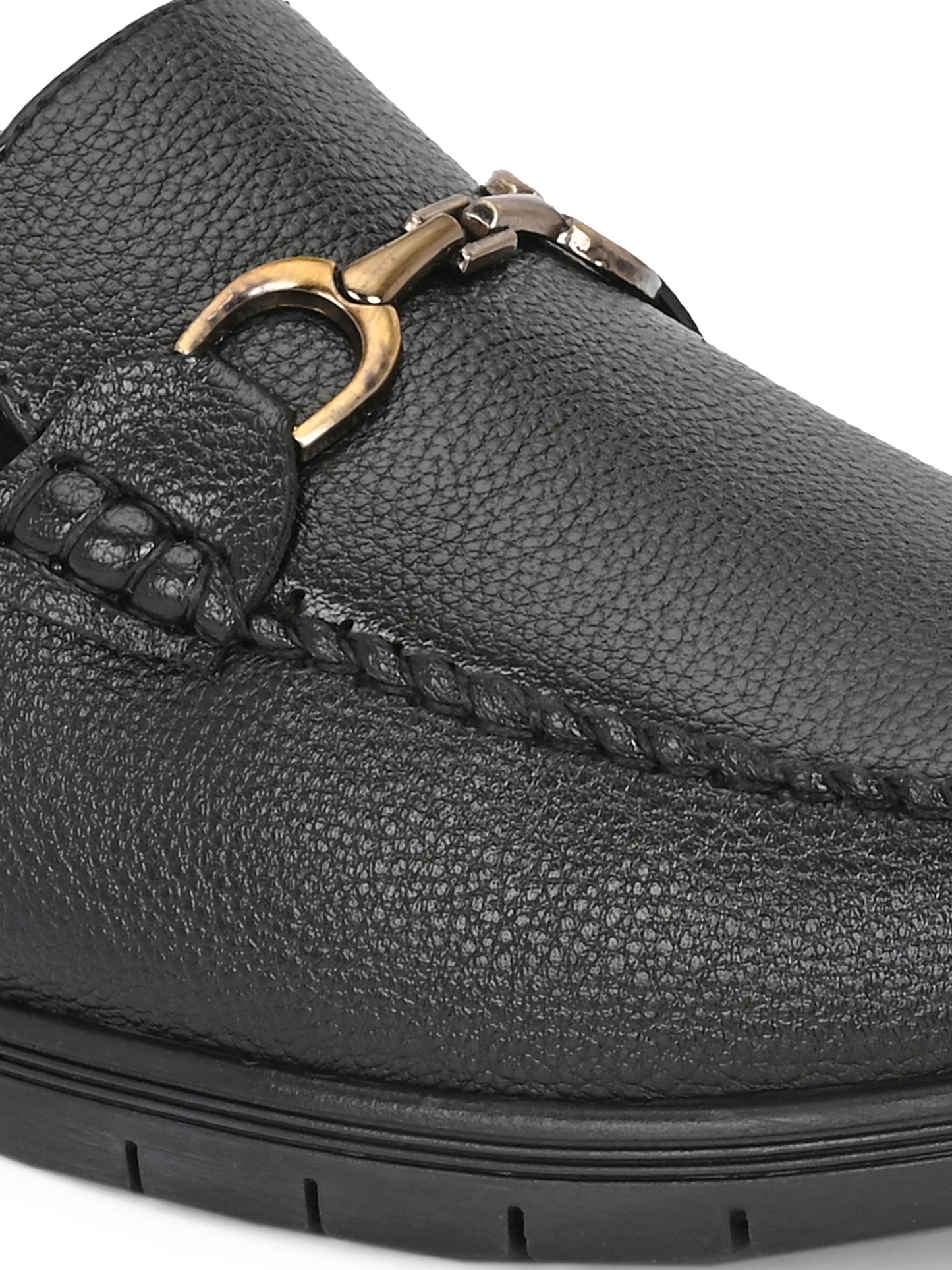 Men’s Premium Textured Leather Horsebit Loafers | Classic Black/Brown Slip-On Moccasins with Gold Metal Accent