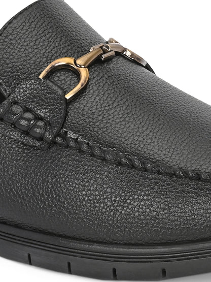Men’s Premium Textured Leather Horsebit Loafers | Classic Black/Brown Slip-On Moccasins with Gold Metal Accent