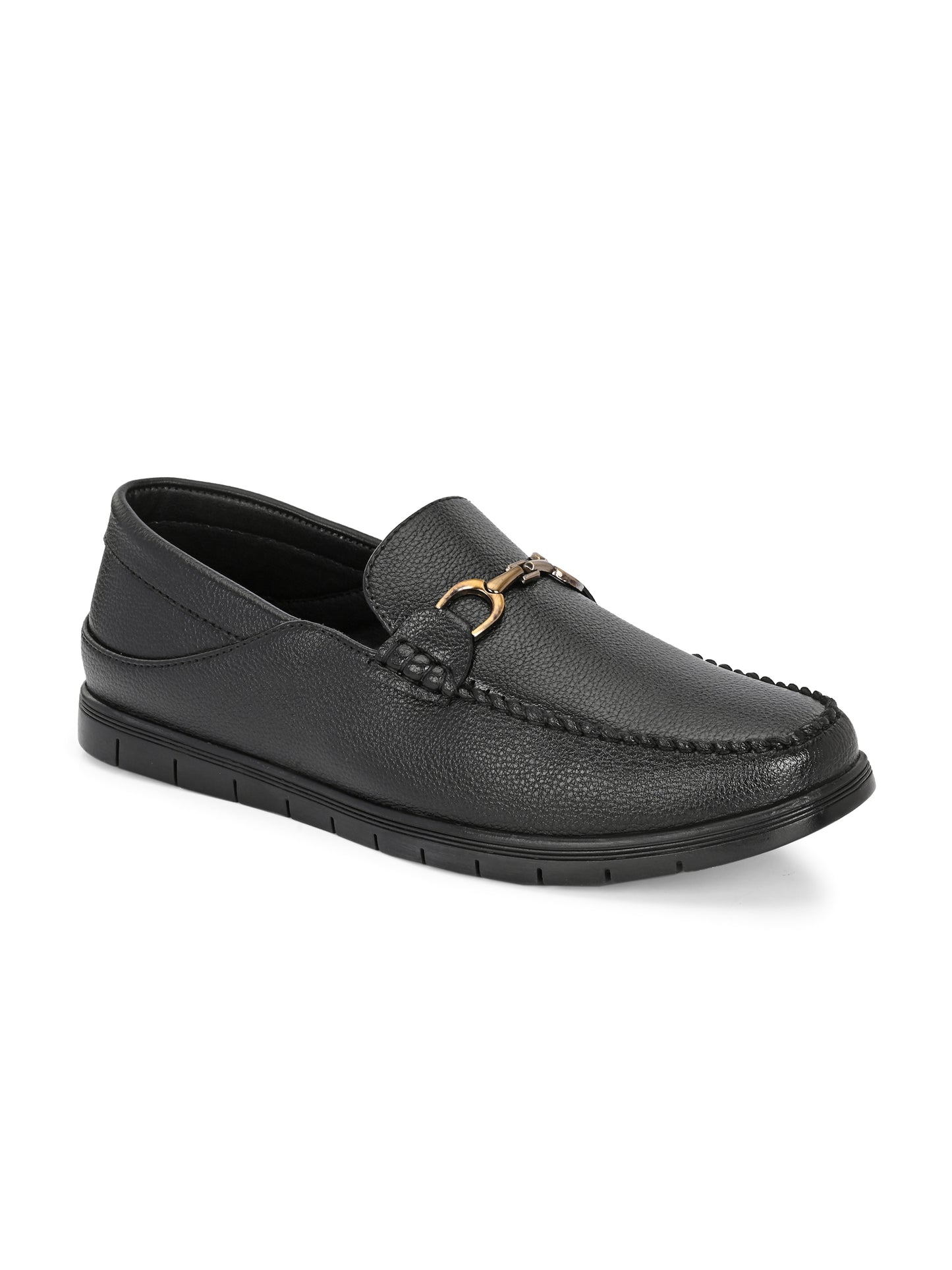 Men’s Premium Textured Leather Horsebit Loafers | Classic Black/Brown Slip-On Moccasins with Gold Metal Accent