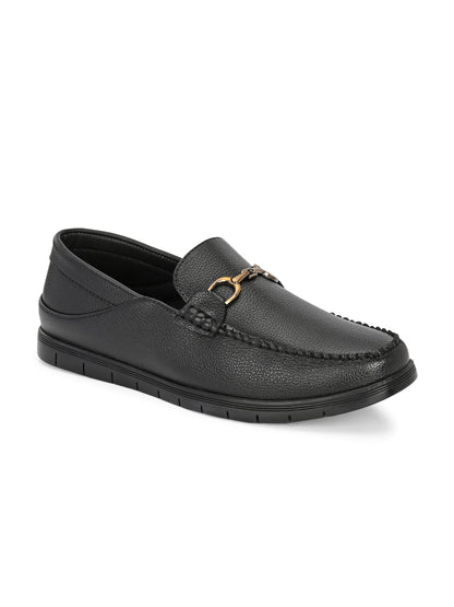 Men’s Premium Textured Leather Horsebit Loafers | Classic Black/Brown Slip-On Moccasins with Gold Metal Accent