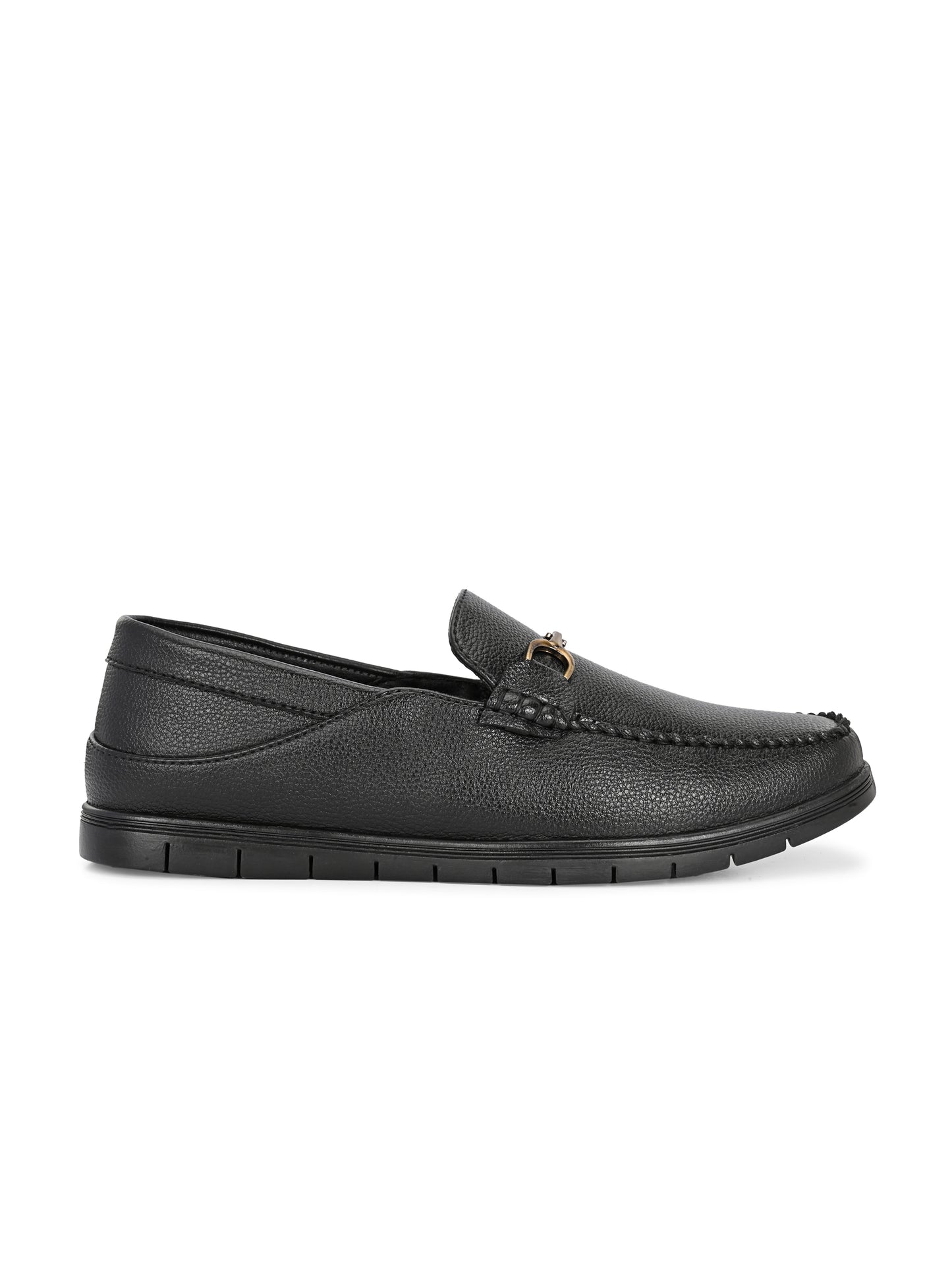 Men’s Premium Textured Leather Horsebit Loafers | Classic Black/Brown Slip-On Moccasins with Gold Metal Accent