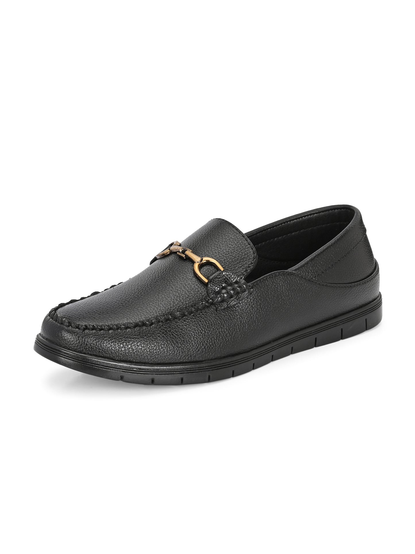 Men’s Premium Textured Leather Horsebit Loafers | Classic Black/Brown Slip-On Moccasins with Gold Metal Accent