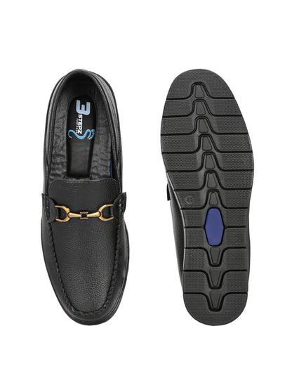 Men’s Premium Textured Leather Horsebit Loafers | Classic Black/Brown Slip-On Moccasins with Gold Metal Accent