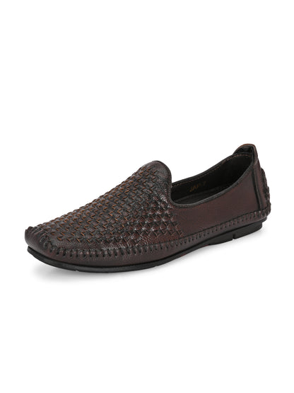 Men’s Premium Woven-Texture Slip-On Loafers | Stylish Coffee Brown Driving Moccasins for Everyday Comfort