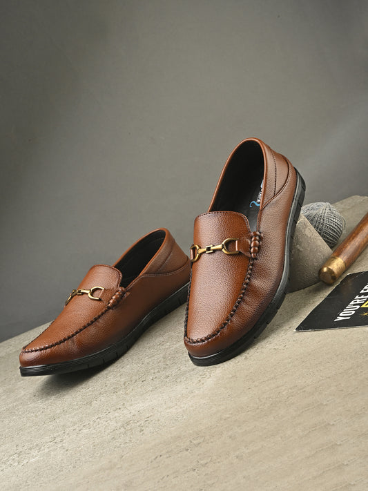 Men’s Premium Textured Leather Horsebit Loafers | Classic Black/Brown Slip-On Moccasins with Gold Metal Accent