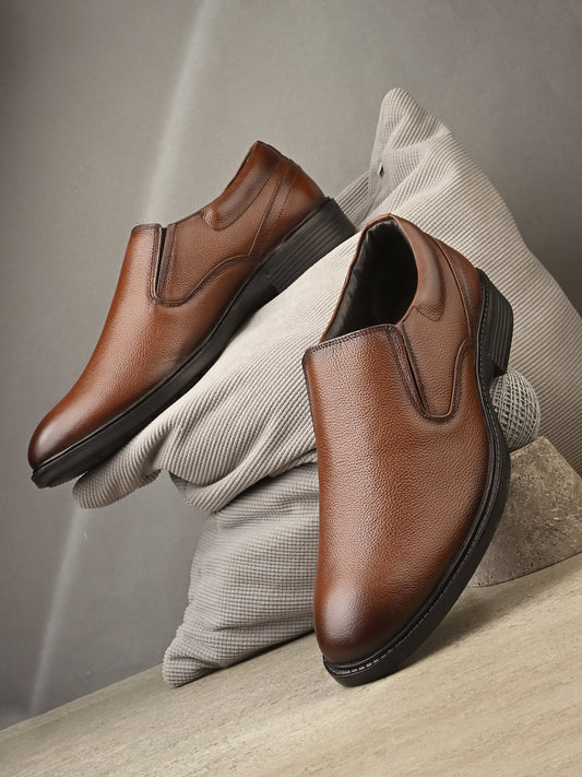 Premium Textured Leather Slip-On Formal Shoes for Men | Stylish Tan/Black Business Casual Loafers