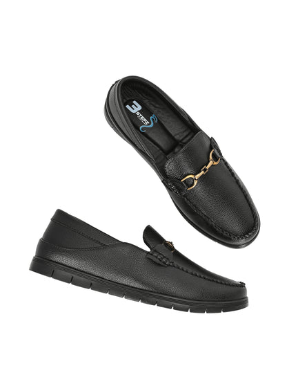 Men’s Premium Textured Leather Horsebit Loafers | Classic Black/Brown Slip-On Moccasins with Gold Metal Accent