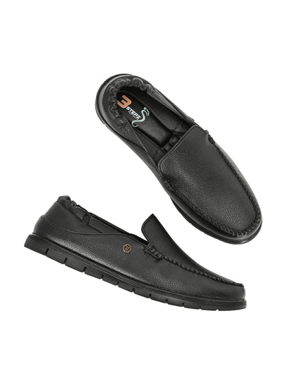 Men’s Premium Textured Leather Comfort Loafers | Elastic-Back Slip-On Moccasins in Jet Black for All-Day Wear