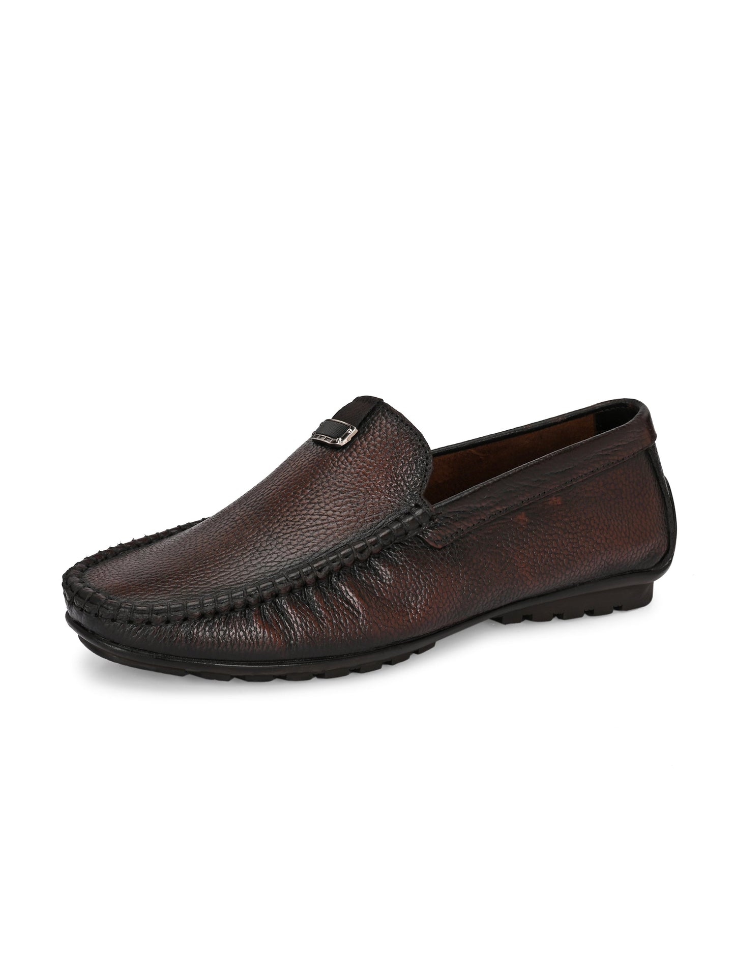 Men's Rich Brown Pebbled Leather Driving Loafers with Metal Accent
